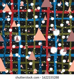 Cute Pattern with pink triangles with pastel blue stripes. beige background with tiny dots.Hand Drawn Design. 