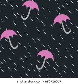 Cute pattern with pink umbrella and rain, weather concept on dark background.