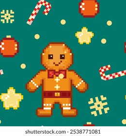 cute pattern  pixel art  gingerbread man ,snowflakes,stars,seamless 