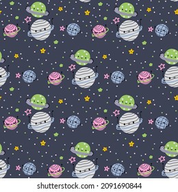 Cute pattern with planets and stars in space says. Blue paper for scrapbooking doodle cosmos.