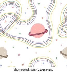 Cute pattern with planets stars in space. White abstract paper for scrapbooking line doodle cosmos. Seamless background. Textiles for children. Minimalism scrapbook for kids.