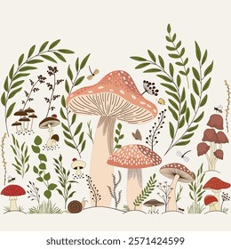 Cute pattern with plants and fungus 