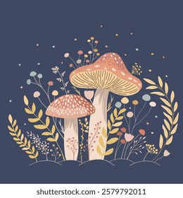 Cute pattern with plants and fungus 