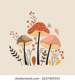 Cute pattern with plants and fungus
