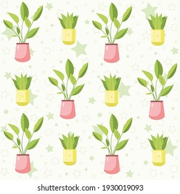 A cute pattern of plants in a pot against the background of asterisks. In a warm color scheme using green, yellow and pink shades. Illustration is applicable in the design of postcards, backgrounds, p