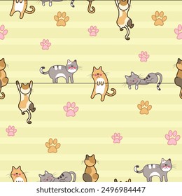 Cute pattern print with kittens hanging on clothesline funny poses cats