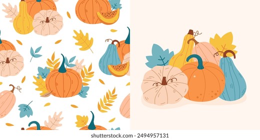 Patrón lindo con calabazas y hojas de otoño