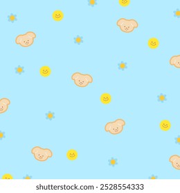 Cute pattern of puppy, flower on blue background for animal print, wallpaper, backdrop, gift wrap, packaging, souvenir shop, spring, summer fabric, pet cloth, paper design, card, dog pattern, pyjamas