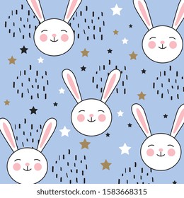 cute pattern with rabbit stars and lines. blue background. vector illustration