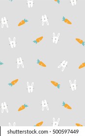 Cute pattern with cute rabbits and carrots. Vector illustration. For textiles, cards, decorations, wallpaper

