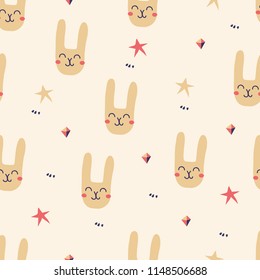 Cute pattern with rabbits and stars. Good for wrapping paper, fabric, textile, nursery decoration.
