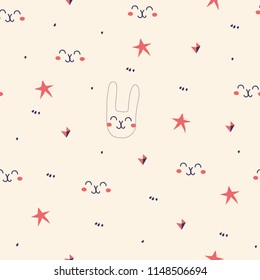 Cute pattern with rabbits and stars. Good for wrapping paper, fabric, textile, nursery decoration.