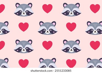 Cute pattern. Raccoon and hearts. Vector illustration.