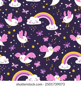 Cute pattern with Rainbow, Clouds, Birds, Cartoon Characters. Vector seamless pattern. Great for children's clothing and school supplies.