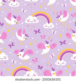 Cute pattern with Rainbow, Clouds, Birds, Cartoon Characters. Vector seamless pattern. Great for children's clothing and school supplies.