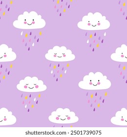 Cute pattern with Rainbow, Clouds, and Cartoon Characters. Vector seamless pattern. Great for children's clothing and school supplies.