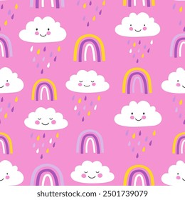 Cute pattern with Rainbow, Clouds, and Cartoon Characters. Vector seamless pattern. Great for children's clothing and school supplies.