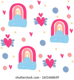 Cute pattern, rainbow and clouds, white background, pattern for fabric, Mat for newborn