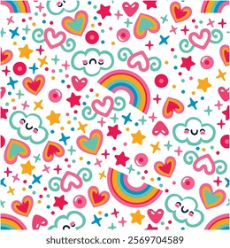 Cute pattern rainbow for girls with star, cloud and heart design in pink, blue and orange.