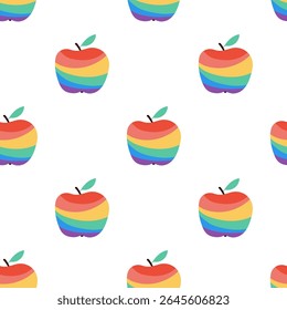 Cute pattern of rainbow-coloured apples on white background. Perfect for fabric, textile, wrapping paper, educational, nutrition, Pride Month, equality-related designs.