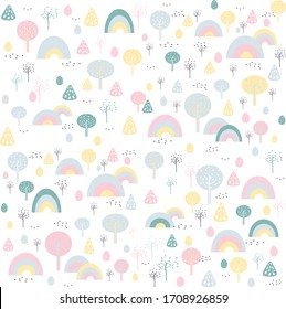 
Cute pattern of rainbows and trees for decorating walls in the nursery, fabrics, notebooks, children's products