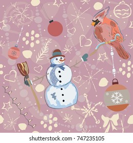Cute Pattern with Red Bird and Snowman on pink background with doodles. Hand Drawn Design. Great for wall art design, gift paper, wrapping, fabric, textile, etc.