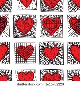 Cute pattern with red hearts and ornaments for Valentine's day. Can be used in textile industry, paper, background, scrapbooking.