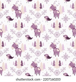 Cute pattern with a reindeer and a bird in a winter forest.
