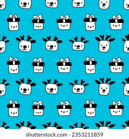 Cute pattern with reindeer face and gift box. Vector seamless pattern with kawaii reindeer and gift box on blue background. Christmas print for packaging