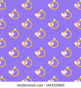 Cute pattern with rings and pink diamond hearts on the purple background vector illustration