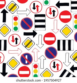 Cute pattern with road signs and traffic lights on a white background. Illustration for children room, education, posters, textile, wallpaper, wrapping paper.