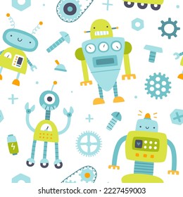 Cute pattern with robots for kids. Seamless naive vector print for baby textile and fabric.
