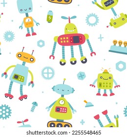 Cute pattern with robots for kids. Seamless funny vector print for baby textile and fabric.