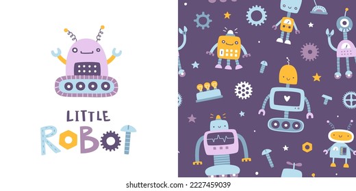 Cute pattern with robots for kids.Funny seamless vector print set for baby textile and apparel.