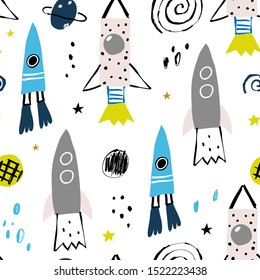 Cute pattern with rocket, planets and stars. Seamless vector texture for baby design.