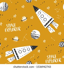 Cute pattern with rocket, planets and stars. Seamless vector texture for baby design. Seamless pattern with cartoon space adventure, planets and stars.