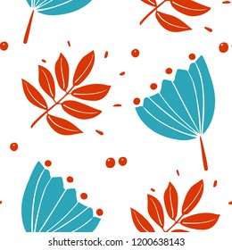 Cute pattern with rowan leaves, berries and blue flowers on white background. Ornament for textile and wrapping. Vector.