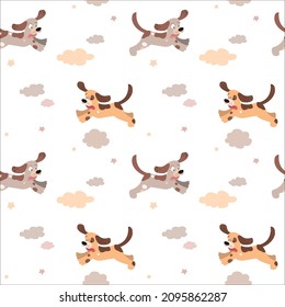 Cute pattern running beagle dog. For baby products. Bed linens, pajamas, posters, postcards, cups, clothes and more.