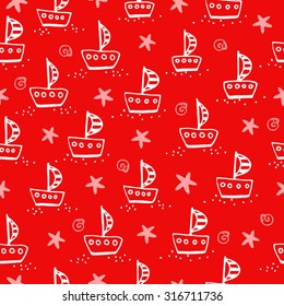 Cute pattern with sailing boat and starfish on a red background.