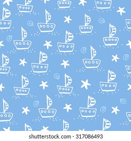 Cute pattern with sailing boat and starfish on a blue background in vector.