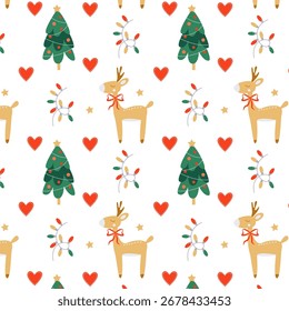 Cute pattern with Santa Claus' reindeer, festive Christmas trees, and garlands for wrapping paper and textiles