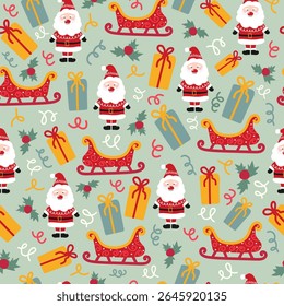 Cute pattern with Santa Claus, sled and gift box. Winter holiday festive design. Christmas and new year decoration. Vector.