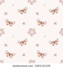 Cute pattern in Scandinavian, boho, minimalism style in beige neutral pastel colors.Butterflies and flowers.Decor for the nursery, baby shower, textiles