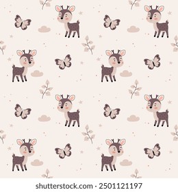 Cute pattern in Scandinavian, boho, minimalism style in beige neutral pastel colors.Butterflies, clouds and deer. Decor for the nursery, baby shower, textiles