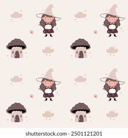 Cute pattern in Scandinavian, boho, minimalism style in beige neutral pastel colors.House,mushroom, witch .Decor for the nursery, baby shower, textiles