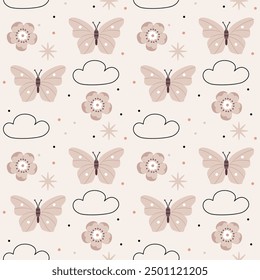 Cute pattern in Scandinavian, boho, minimalism style in beige neutral pastel colors.Butterflies, clouds and flowers.Decor for the nursery, baby shower, textiles