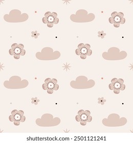 Lindo patrón en estilo escandinavo, boho, minimalismo en colores pastel beige neutro. Nubes y flores. Decoración para el cuarto de niños, baby shower, textiles