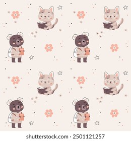 Cute pattern in Scandinavian, boho, minimalism style in beige neutral pastel colors.Cats and bears, animals.Decor for the nursery, baby shower, textiles
