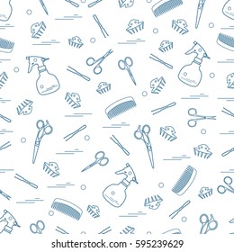 Cute pattern of scissors, combs, hairclip, hairpins and sprayer. For the provision of hairdressing services. Design element for banner, poster or print.