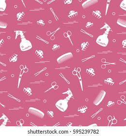 Cute pattern of scissors, combs, hairclip, hairpins and sprayer. For the provision of hairdressing services. Design element for banner, poster or print.
